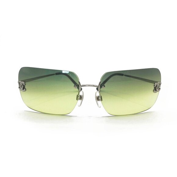 💚 RARE Chanel Vintage Sunglasses Rhinestone CC Logo Rimless Gradient Green Tint - Picture 2 of 11